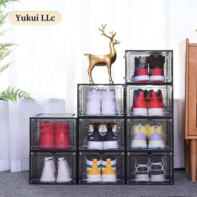 Large Black Shoe Storage Boxes Stackable, 12 Pack Hard Plastic Shoe Storage Organizer with Magnetic Door, Shoe Container Sneaker Storage Display Case Fit up to US Size 12 Black