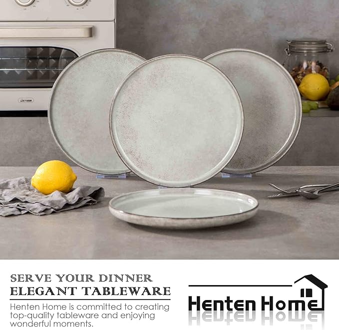 Henten Home 10 Inch Ceramic Dinner Plates, Porcelain Steak Plates Set of 4, Fluted Round Plates for Kitchen, Pasta, Salad Stonware Dishes, Scratch Resistant (Grey)