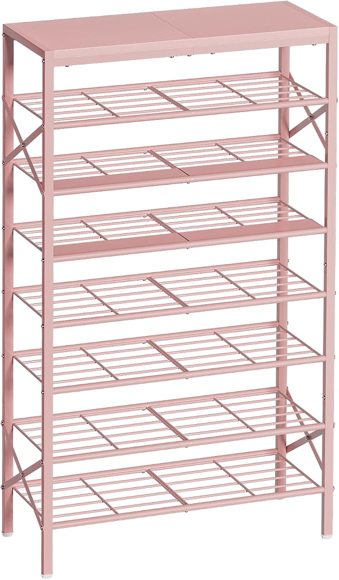 8-Tier Tall Shoe Rack Organizer Shoe Storage for Entryway 24-32 Pairs Metal Shoe Rack for Closet Heavy-Duty Shoe Rack with Wooden Top Shelf for Garage Pink