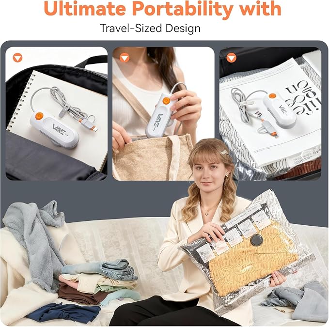 Travel Vacuum Bags with USB & TYPE C Pump, 9 Pack Carry-On Vacuum Storage Bags for Luggage & Suitcase, Vacuum Luggage Bags, Space Saver for Clothes & Travel(Grey)