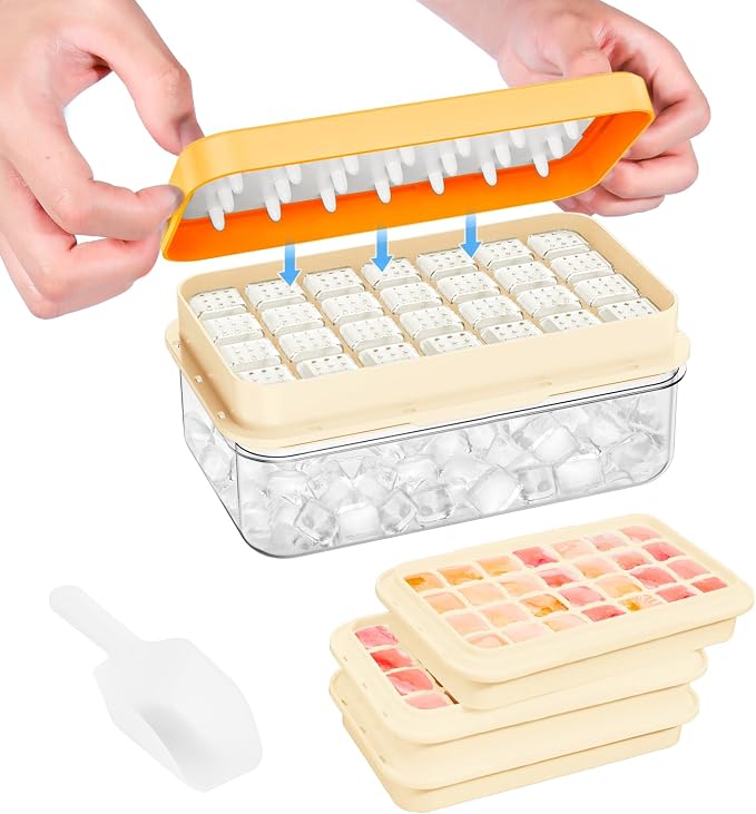 0.8“ Ice Cube Tray with Lid and Bin, PHINOX 84 Cubes Ice Trays for Freezer, Ice Cube Trays for Freezer with 3 trays, Container, Lid & Ice Scoop, BPA Free, Yellow(28Cubes/Tier)