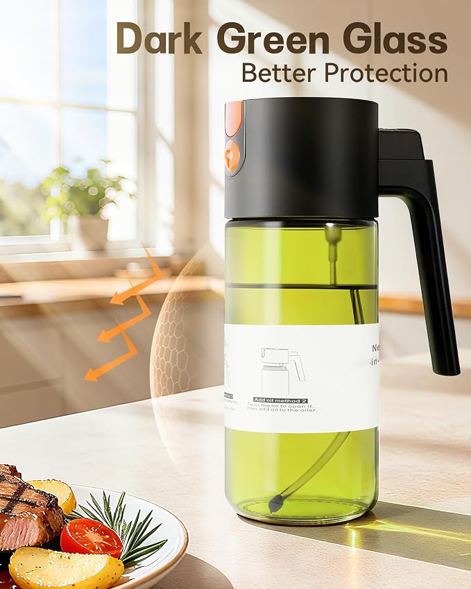 Olive Oil Sprayer & Dispenser for Cooking, 17oz Dark Glass Oil Mister, 2PC | 2-in-1 Sprayer & Pourer, Leakproof, Fine mist, Light-Blocking, Wide Mouth for Easy Refill & Clean, 8 Oil Labels, Reusable