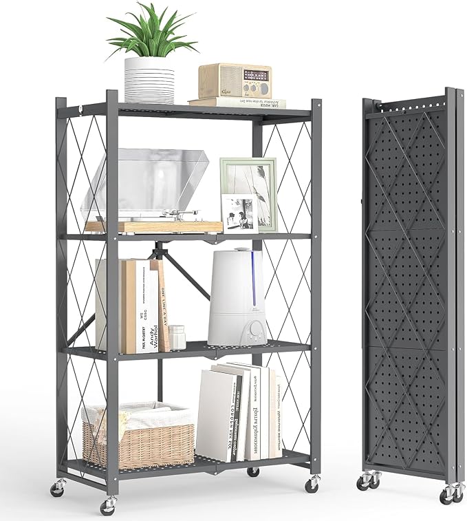 4-Tier Folding Metal Storage Rack - 50" Heavy-Duty Steel Frame with Wheels, No Assembly Utility Organizer, Rolling Shelving Unit for Kitchen, Garage, Pantry, Bedroom (Gray, 4 Tier)