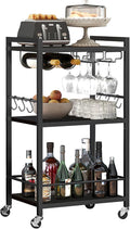 TUTOTAK Bar Cart with Wheels, Drink Cart with Wine Rack and Glass Holder | 3-Tier 17 Inch Wide Home Bar Serving Carts, Small Mobile Kitchen Shelf with 6 Hooks, Black BC01BK032