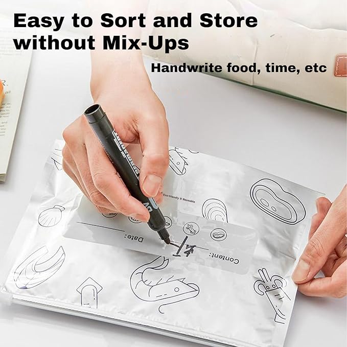 Reusable Aluminum Foil Sealable Storage Bags, 2026 New Resealable Stand Up Zipper Pouches with Label for Food Storage, Freezer Safe Leak Proof Foil Bags for Meat, Fruit, Vegetables (10S+10M+10L)