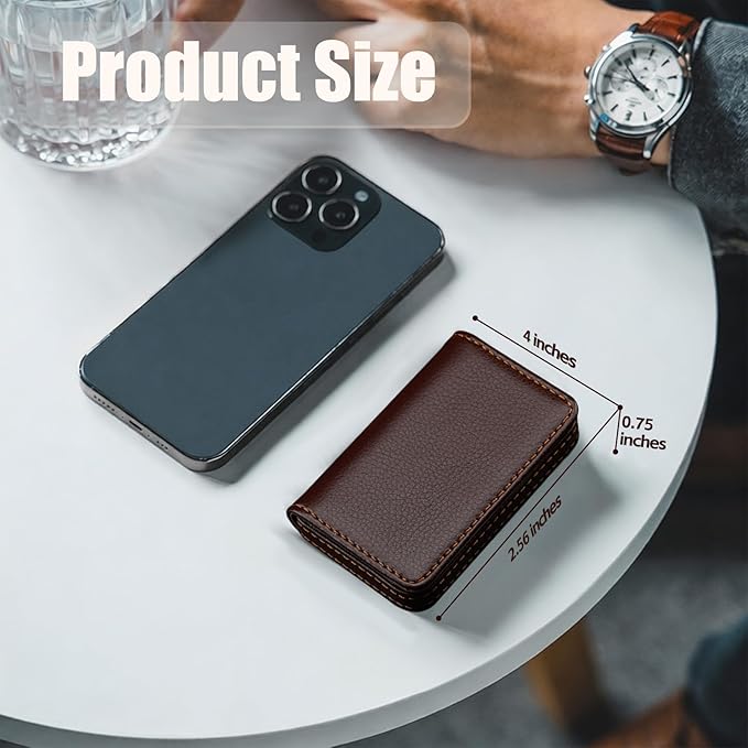 Business Card Holder PU Leather with Magnetic Closure, Slim Pocket Name Card Case for Men & Women, Professional Card Wallet for Office & Travel (Brown)