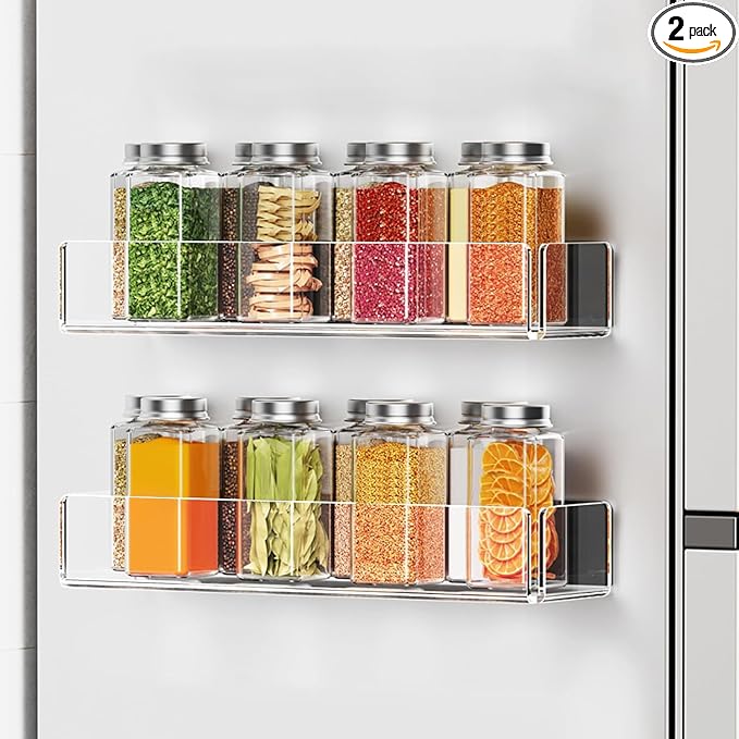 2 Pack Acrylic Spice Racks for Refrigerator and Oven, Magnetic Fridge Organizers and Storage, Clear