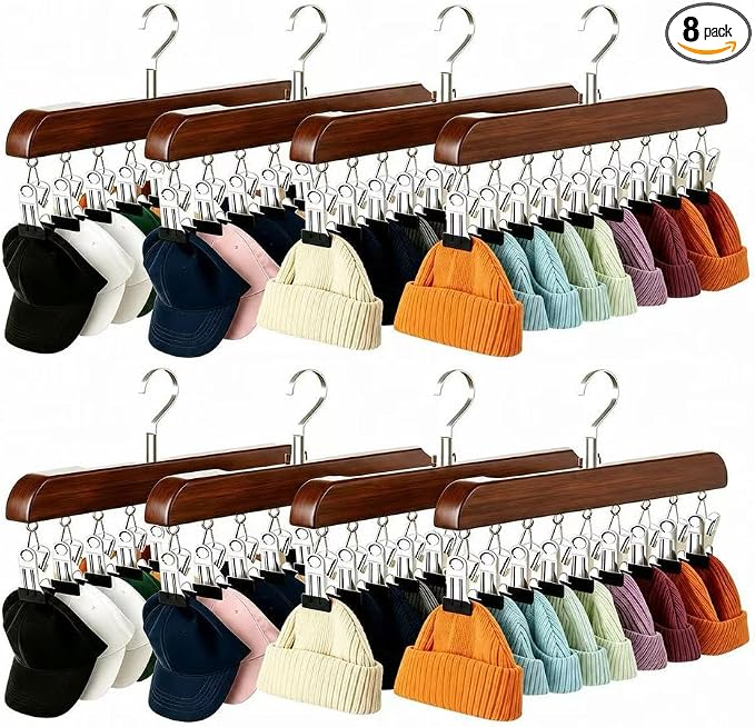 8 Pack Hat Hangers Bulk for Closet Display, Wooden Hat Storage Organizer with 80 Metal Clips for Baseball Caps, Summer Hat Rack for Beanie, Skullies, Visors, Walnut Brown Color