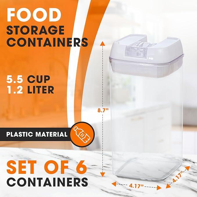 Set of 6 Airtight Food Storage Containers - Pantry Organizer Bins, BPA Free Plastic Containers plus Dry Erase Marker and Labels, White