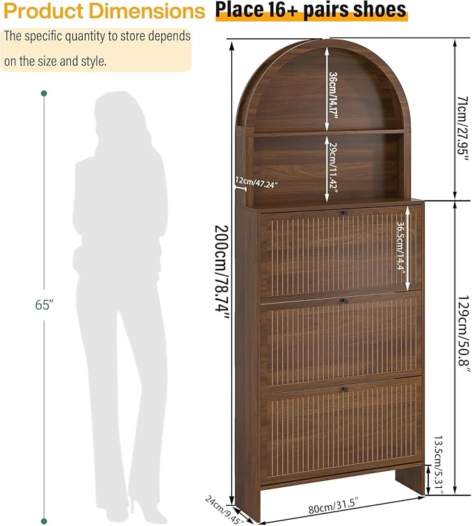 Shoe Storage Cabinet for Entryway with 3 Flip Drawers, 78.7 Inch Tall Arched Hidden Shoe Cabinet with Shelves, Narrow Freestanding Shoe Rack Organizer with Fluted Panel for Foyer (Walnut)