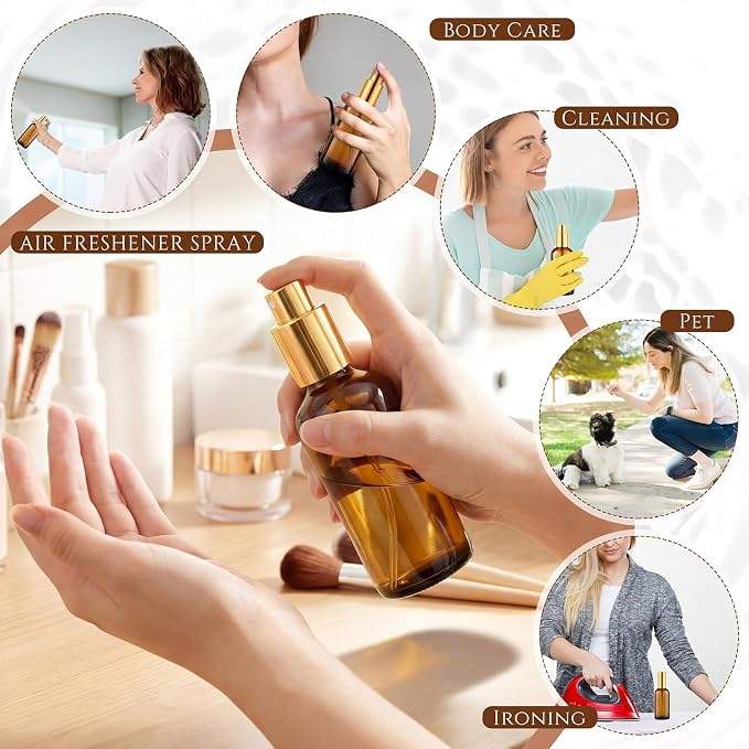 Roshtia 30 Pcs Glass Spray Bottle Clear Empty Bottles Small Refillable Reusable Perfume Bottle with Fine Mist Sprayer Pump for Face Body Travel(3.4 oz,Amber)