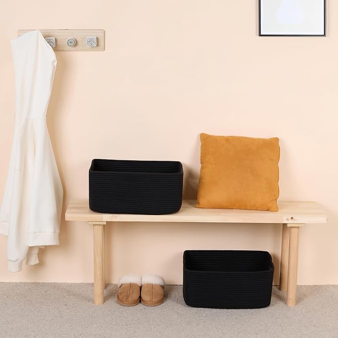 MiniArk Large Storage Baskets for Shelves, 17 x 13 x 7.5” Closet Organizers Bins for Clothes Blanket Towels, Baby Nursery, Toy Baskets Box, Woven Rope Baskets, 2 Packs Black
