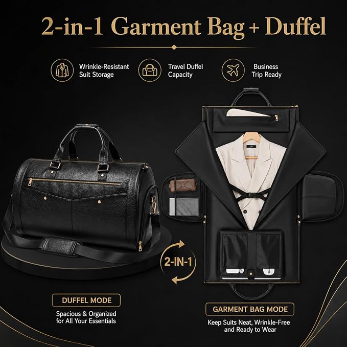 Garment Bag for Travel, Convertible Suit Garment Bag for Men, Stylish Carry On Garment Bag with Shoulder Strap, 2 in 1 Foldable PU Leather Garment Duffle Bag Suit Travel Bag for Men, Black