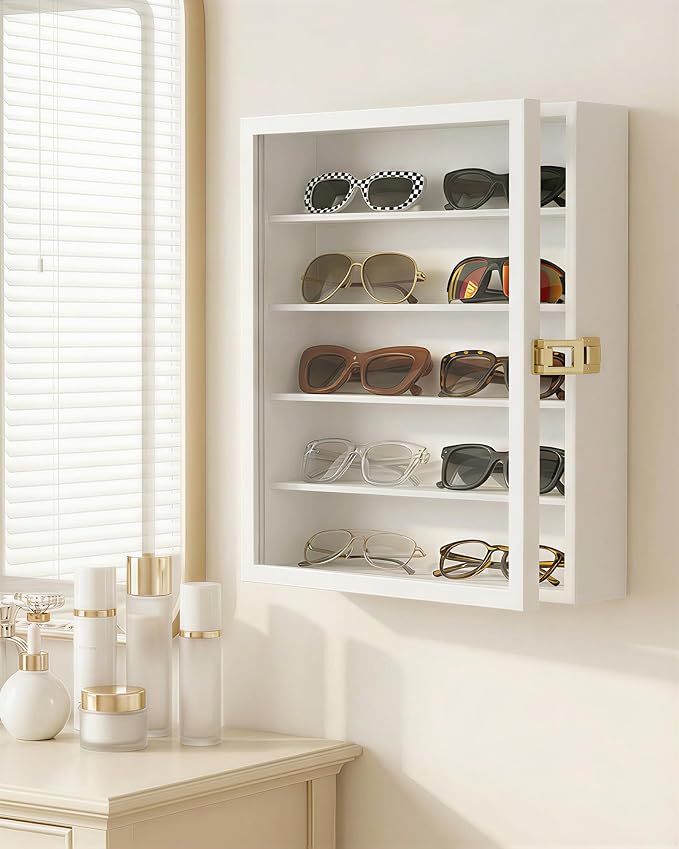 TJ.MOREE Sunglass Organizer Wall Mounted Glasses Holder Display Case 5 Tier | 13 x 15 inches Wooden Storage Box for Multiple Pairs Eyeglasses Sports Sunglasses