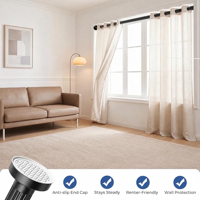 ALLZONE Adjustable Tension Curtain Rod, 40-121 inches, Heavy Duty Curtain Rods No Drilling, Anti-Slip Tension Rod for Window, Shower, Outdoor & Patio, Easy to Install, 1.26In Diameter, Black