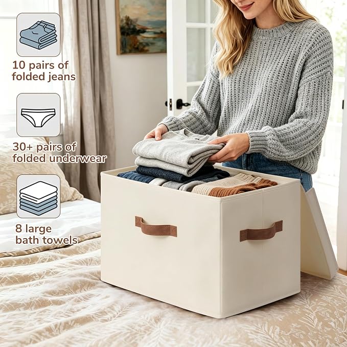 CHICVITA 4-Pack Closet Storage Bins with Lids, Fabric Storage Baskets for Shelves, Decorative Storage Boxes with Handles for Clothes Toy, Ivory