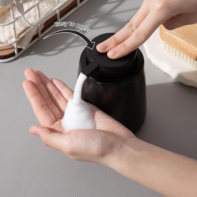 Enra Foaming Black Soap Dispenser,12 oz Ceramic Hand Soap Dispenser, Refillable Dish Soap Dispenser,Modern Foam Soap Dispenser for Bathroom,Kitchen with Easy-to-Press Pump (Black Foam Type)