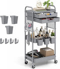 3 Tier Rolling Cart with 2 Drawers, Metal Utility Storage Carts with Wheels | Kitchen Rolling Cart 4.5" Deep Basket, Mesh Side Panel with 3 Cups, 4 Hooks for Office, Bedside, Craft Storage Cart