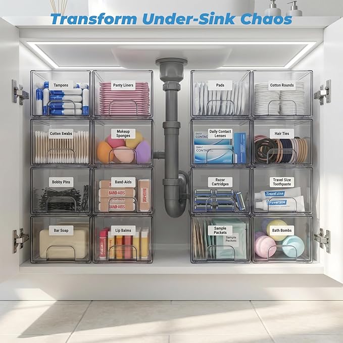 Acrylic Stackable Storage Drawers, [4-Pack] Clear Organizer Bins with Built-in Handles, Smooth Slide-Out Design for Vanity, Under Sink, Medicine Cabinet, Skincare, and More