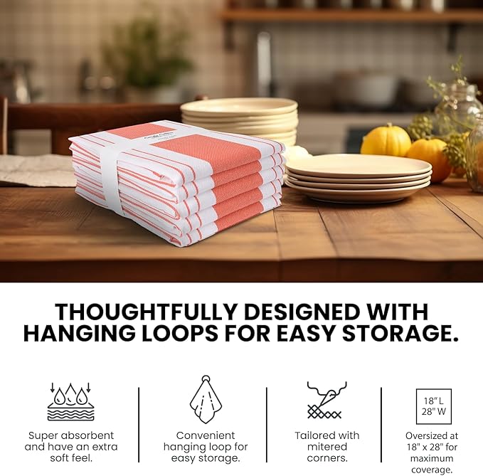 Stripe Kitchen Towels Decor Mordern Design Centreband Tea Dish Towels Boho Stripe Absorbent Festive Gift Set of 6 Pantry Reusable Kitchen Dish Towel|Easter Spring Decor 18x28 Inch Coral
