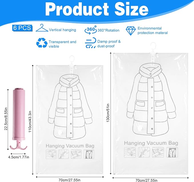6 Pack Hanging Vacuum Sealer 51×27.6 inch Hanging Vacuum Storage Bags | Storage Space Saver Bags for Clothing, Reusable Compressed Vacuum Seal Bags for Clothing Closet Cloth Coats Suit Dress Jacket
