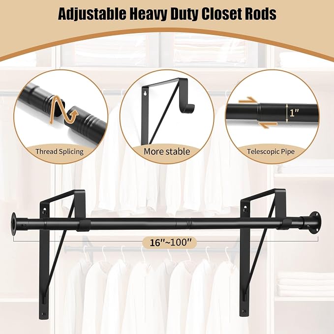 Closet Rod, 16 to 100 Inch Closet Rods Heavy Duty Adjustable Wardrobe Poles for Hanging Clothes and Heavy Duty Bracket Closet Pole Support (The Shelf NOT Included)(Black)