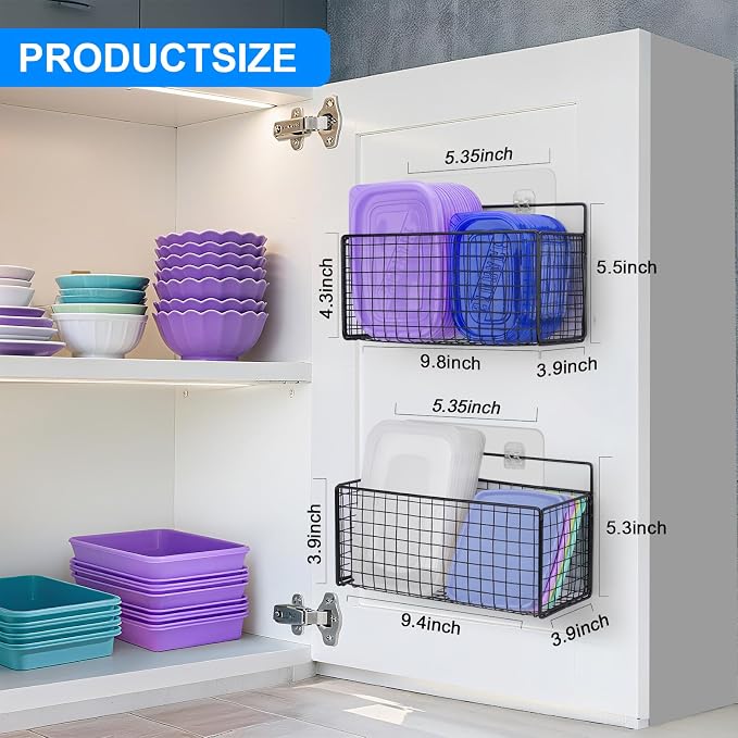 2 Pack Large Adhesive Kitchen Cabinet Door Organizer - Lid Organizer Inside Cabinet Wall Mounted Pantry Door Caddy for Kitchen Containers Lid Kitchen Under Sink Basket