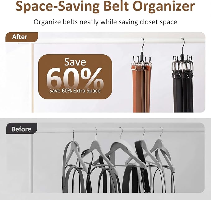ZEDODIER Belt Organizer for Closet, Heavy-Duty Rotating Belt Hanger Tie Rack Holds up to 24 Belts, Hanging Space Saving Metal Belt Holder for Closet Storage