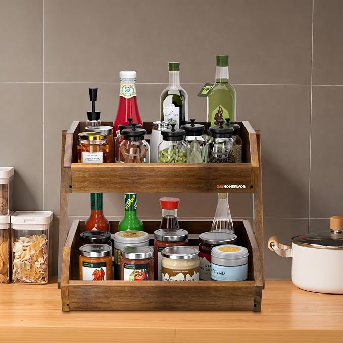 G.a HOMEFAVOR Fruit Basket: 2-Tier Acacia Wood Fruit Bowl for Kitchen, Fruit Stand Storage Holder for Vegetables and Snack Home Kitchen Countertop Organizer (Self-assembly)