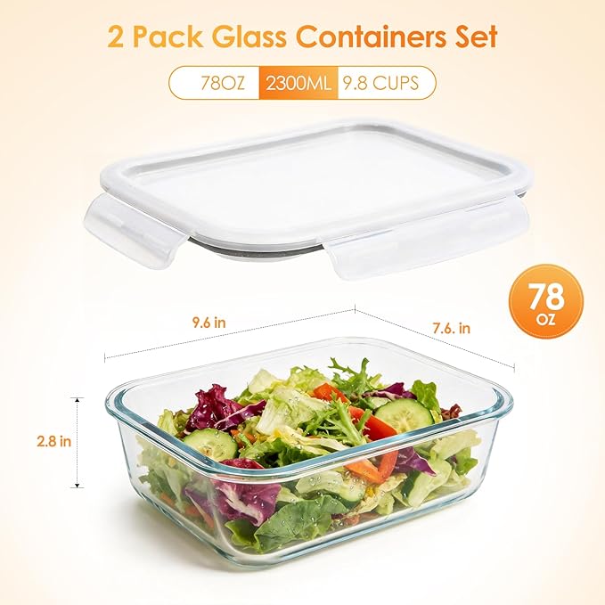 2 Pack 78oz/9.8 CUPS Large Glass Storage Containers with Lids, Meal Prep Food Container Set, Airtight Leakproof Snap Lids, For family meal prep, Baking, Microwave Oven Freezer Dishwasher Safe