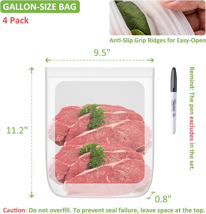 100% Silicone Flat Gallon Freezer Bags, 4 Pack Extra Large Reusable Silicone Ziplock Bags Gallon Size for Freezer, Double Zipper Seal, BPA & Microplastic Free, Freezer Microwave Sous Vide Safe, Clear