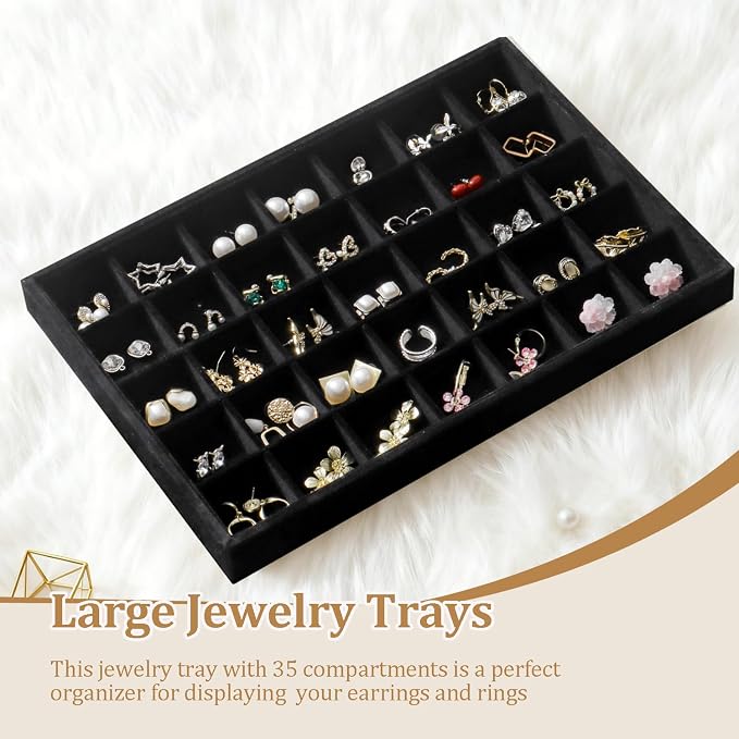 Large Jewelry Organizer for Drawer Insert Velvet Stackable Jewelry Trays for Earring Necklace Bracelet Ring Display (Black, 35 Grids)