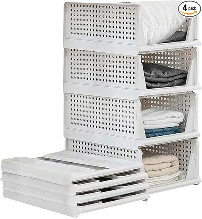 Folding Wardrobe Storage Box 4-Pack Plastic Drawer Organizer Stackable Shelf Baskets Cloth Closet Containers Bin Cubes,Home Office Bedroom Laundry Fold Pull Out Dividers for Clothes,Toys White