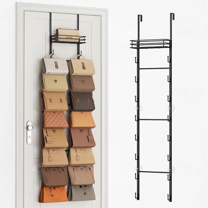 SWTYMIKI Over the Door Purse Organizer - Wall Mounted Handbag Organizer with 16 Hooks and Metal Basket, Hanging Purse Storage Rack Holds up to 16 Bags, Bag Rack Can Use As 1/2 Part, for Door, Closet