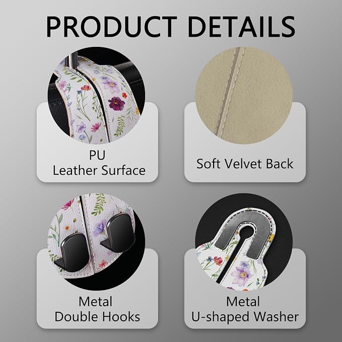 Blusabaca 2PCS Car Seat Headrest Hooks, Purses Bags Holder, Flowers Floral | PU Leather, Double Metal Back Storage Hangers for Grocery Bags Handbags Bottles Coats Phones, Car Accessories Organization