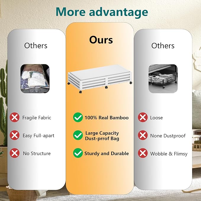 Wisuce 2 Packs Bamboo Under Bed Storage Organizer with Wheels White Large