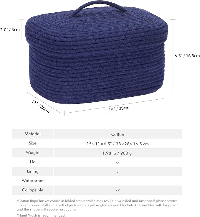 Sea Team Oval Cotton Rope Storage Basket with Lid, Lidded Woven Storage Bin, Nursery Storage Container, Diaper Caddy, Baby Shower Basket, Box, Organizer, 15 x 11 x 6.5 Inches (Medium, Navy Blue)