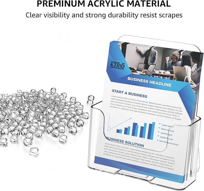 KTRIO Acrylic Brochure Holder 6 x 9, 2 Pack Bi-fold Flyer Display Stand | Desktop/Wall-Mount, Clear Plastic Stand Fits 6" Wide Magazines, Pamphlets, Booklets, Journals, Menus, Business Papers