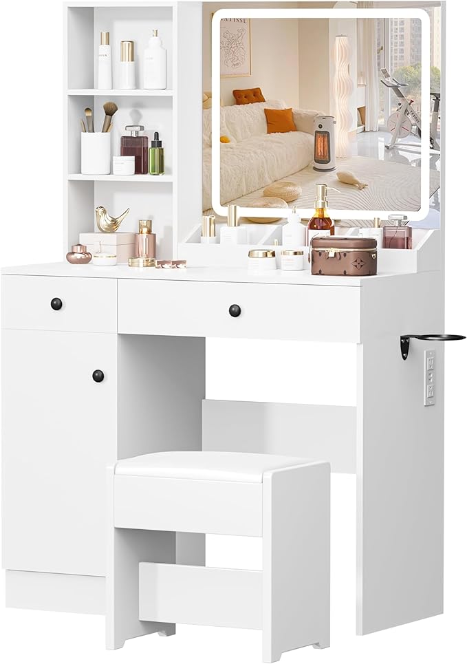 YIKEHOME Small Vanity Makeup Mirror Desk with Stool, Makeup Vanity Table Set with with 3 Lighting Modes & Adjustable Brightness, Dressing Table for Women Girls Bedroom, White