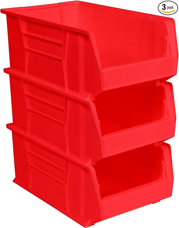 Akro-Mils 30281 Super-Size AkroBins Plastic Storage Bins, Space-Saving Stackable Bins for Garage, Classroom, Warehouse Organization, 20" L x 12" W x 8" H, Red, 3-Pack