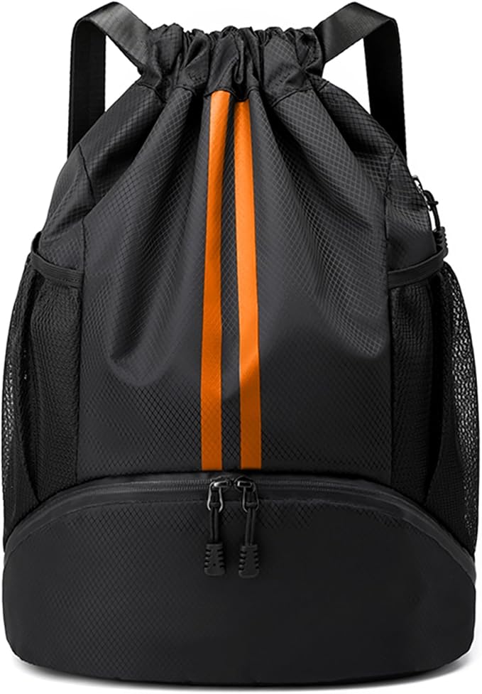 JELUTAR Drawstring Backpack Gym Bag with Shoes Pocket, Black Orange | Water-Resistant String Backpack for Soccer, Basketball, Swim, Beach Cinch for Women Men, 22 L Large Capacity, Wet Pocket