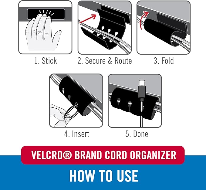 VELCRO Brand Cord Organizer for Desk Cable Management, Nightstand Organization, Unique Dual Function Cable Sleeve Cord Keepers Combo, Holds Wires for Easy Access, Route to Hide, Small 2pk Black