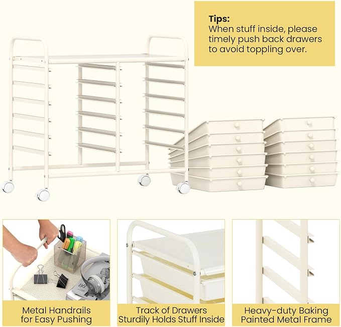 LDAILY 12 Drawer Rolling Storage Cart, Craft Cart Organizer on Wheels w/Metal Frame, Large Capacity & Smooth Drawer, Rolling Cart w/Drawers for Classroom, Office