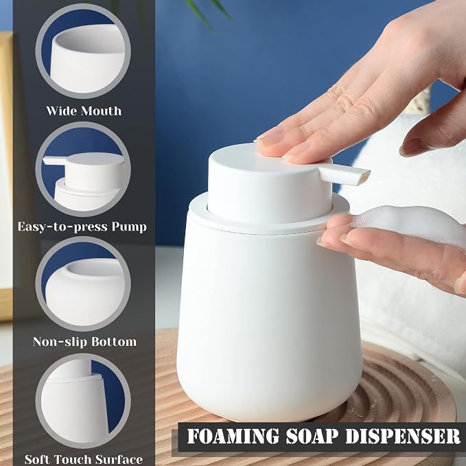 Bosilunlife 12Oz Ceramic Foam Soap Dispenser for Bathroom Kitchen Counter | Premium countertop foam pump creates delicate dense foam, stable desktop placement, Rubber Paint White