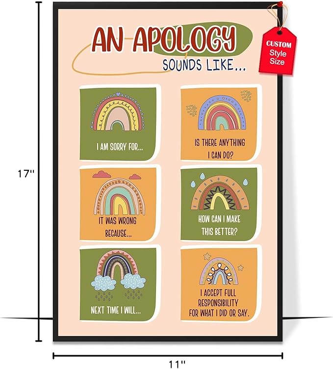 LOLUIS Mental Health Poster, Boho Therapy Tools Educational Supplies Art Print Classroom School Office Decor (An Apology Sounds Like, Custom Frame Type)
