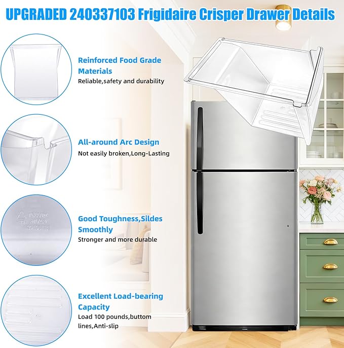 [2 PACK] Upgraded 240337103 Refrigerator Crisper Drawers Bins Compatible with Frigidaire Drawer Replacement 240337102 Kenmore Refrigerator Drawer,Frigidaire Crisper Drawer Replacement Fridge Drawer
