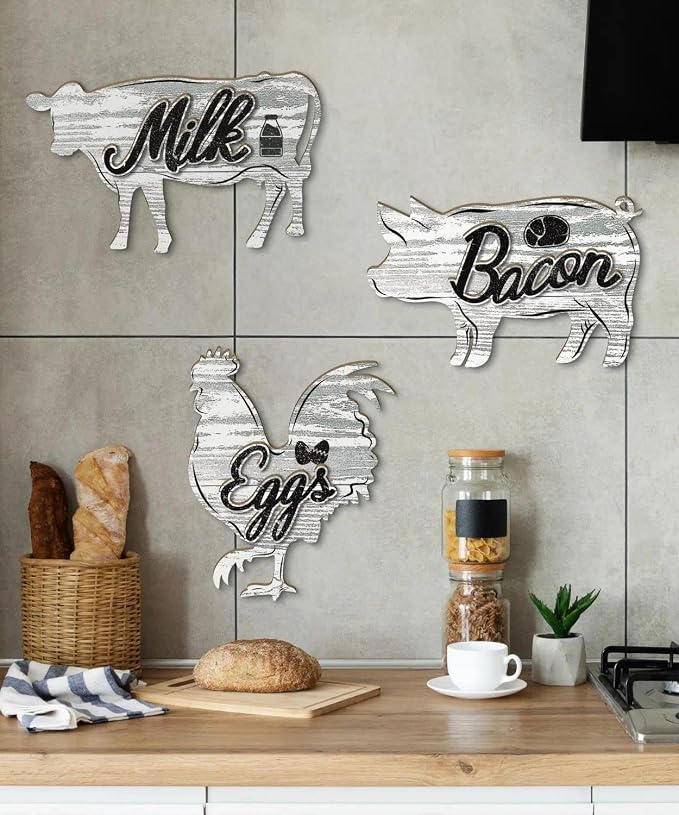 Putuo Decor Kitchen Wall Decor Sign Set Eggs Bacon Milk Rustic Farmhouse Food Theme Wall Art for Home Kitchen Dining Area Apartment Decor