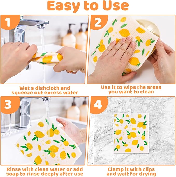Needbrock 6 Pack Fruit Swedish Dishcloths for Kitchen,Swedish Rags Dish Towels with Clips, Reusable Paper Towels Washable Absorbent Cellulose Sponge Cloths for Countertop Dishes Cleaning