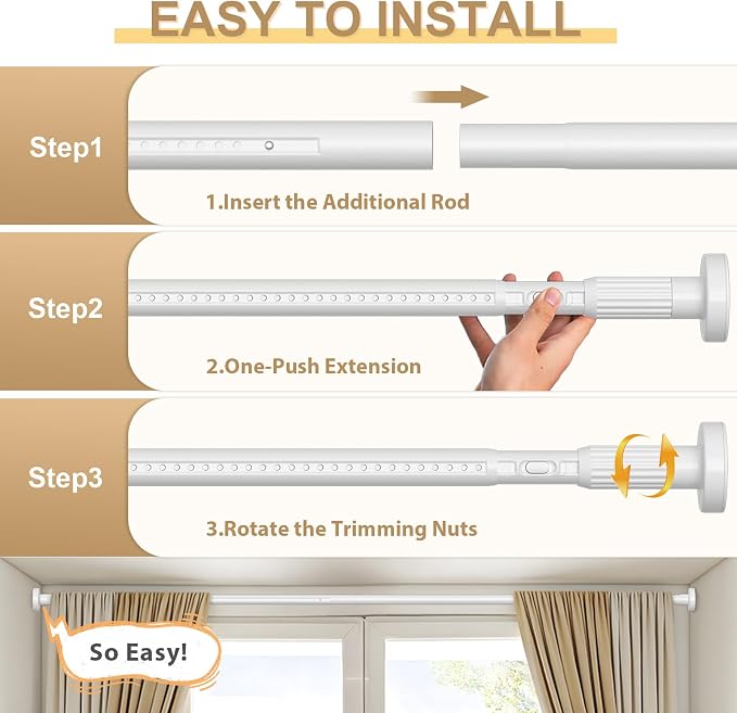 White Heavy Duty Tension Shower Curtain Rod 41-67 Inches for Bathroom, Window, Adjustable Spring Rod for Closet, Doorway, No Drilling,One-bond stretching
