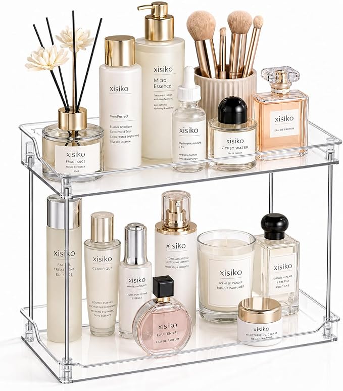 2 Tier Clear Bathroom Counter Organizer, Vanity Organizer for Skincare Makeup Perfume, Multi-Purpose Storage Shelf for Bathroom Kitchen Bedroom